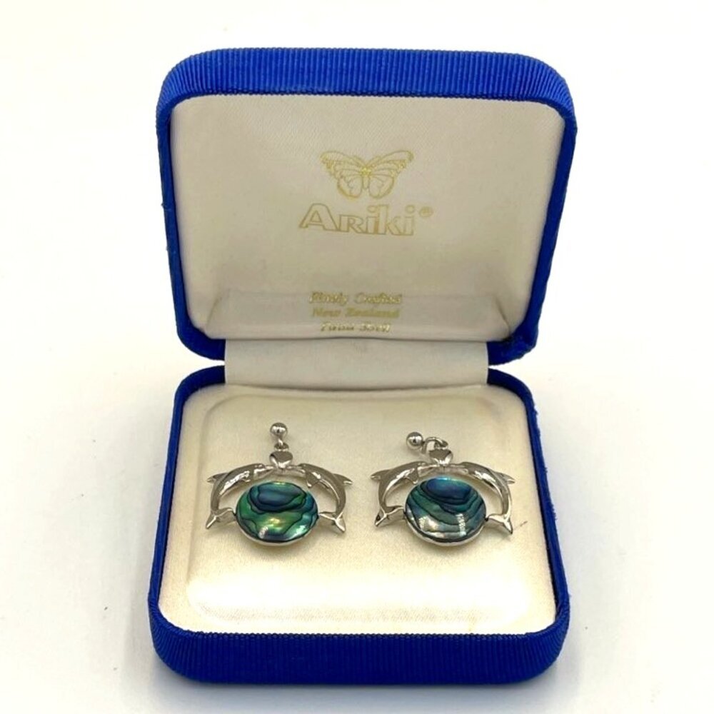 Ariki Dolphins Earrings Paua Abalone Shell Silver Toned Metal New Zealand